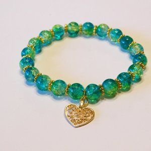 Handmade Green Stretch Bracelet W/Heart Charm  - 7" - New